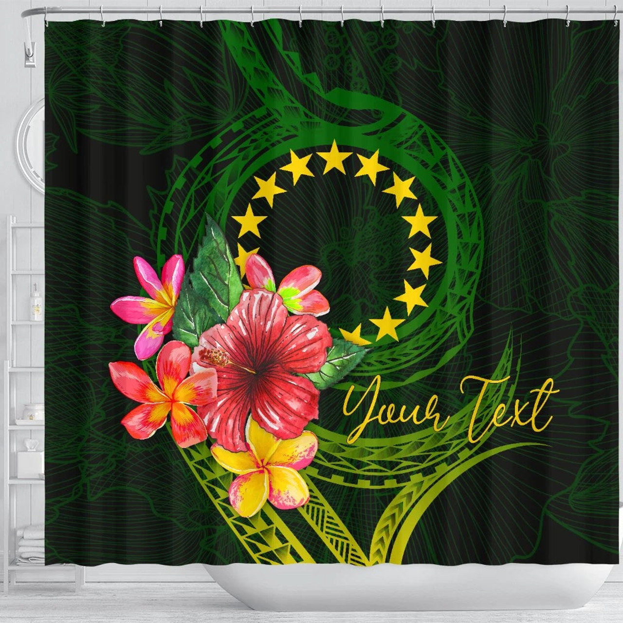 Cook Islands Polynesian Custom Personalised Shower Curtain- Floral With Seal Flag Color 3