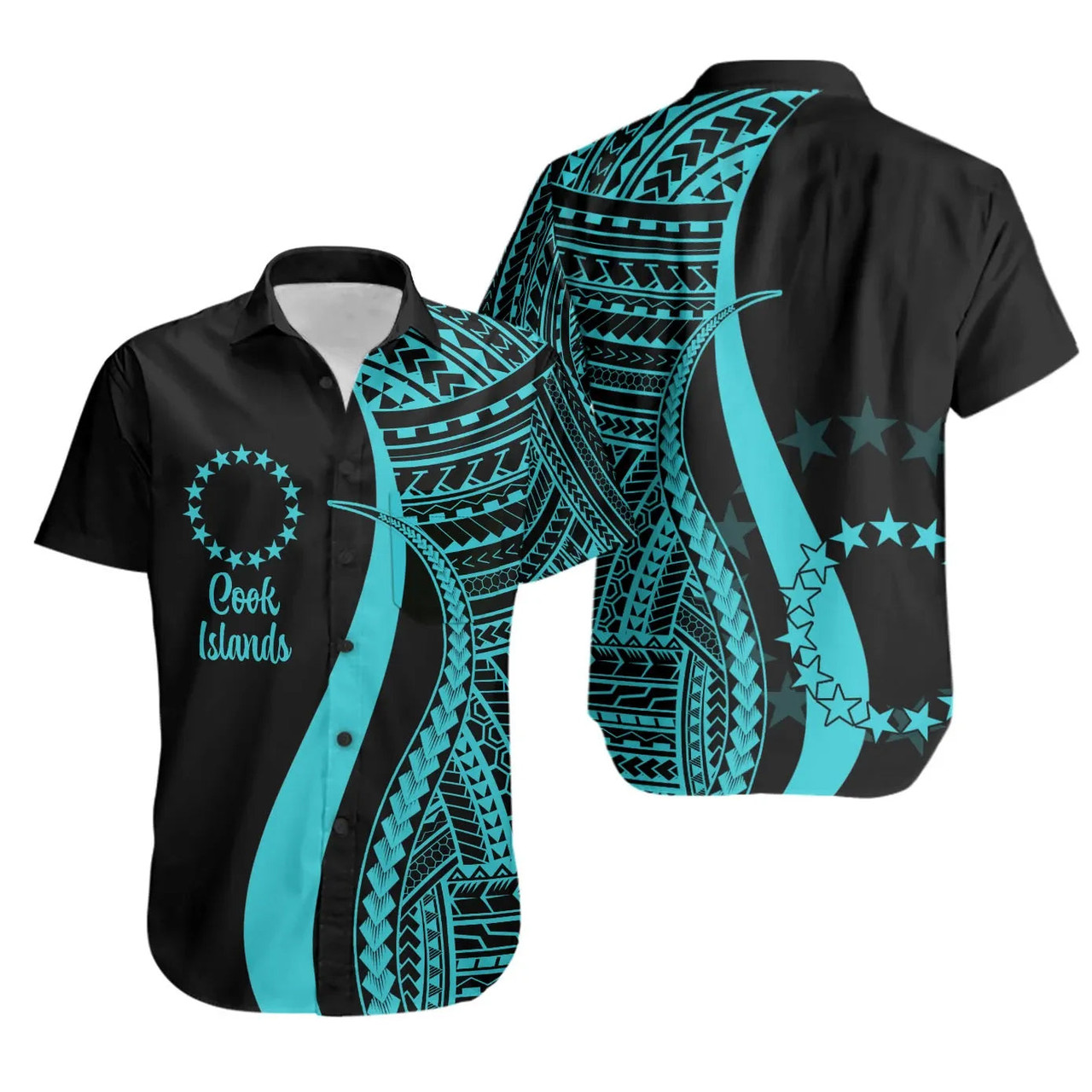 Cook Islands Hawaiian Shirts - Turquoise Polynesian Tentacle Tribal Pattern 1
