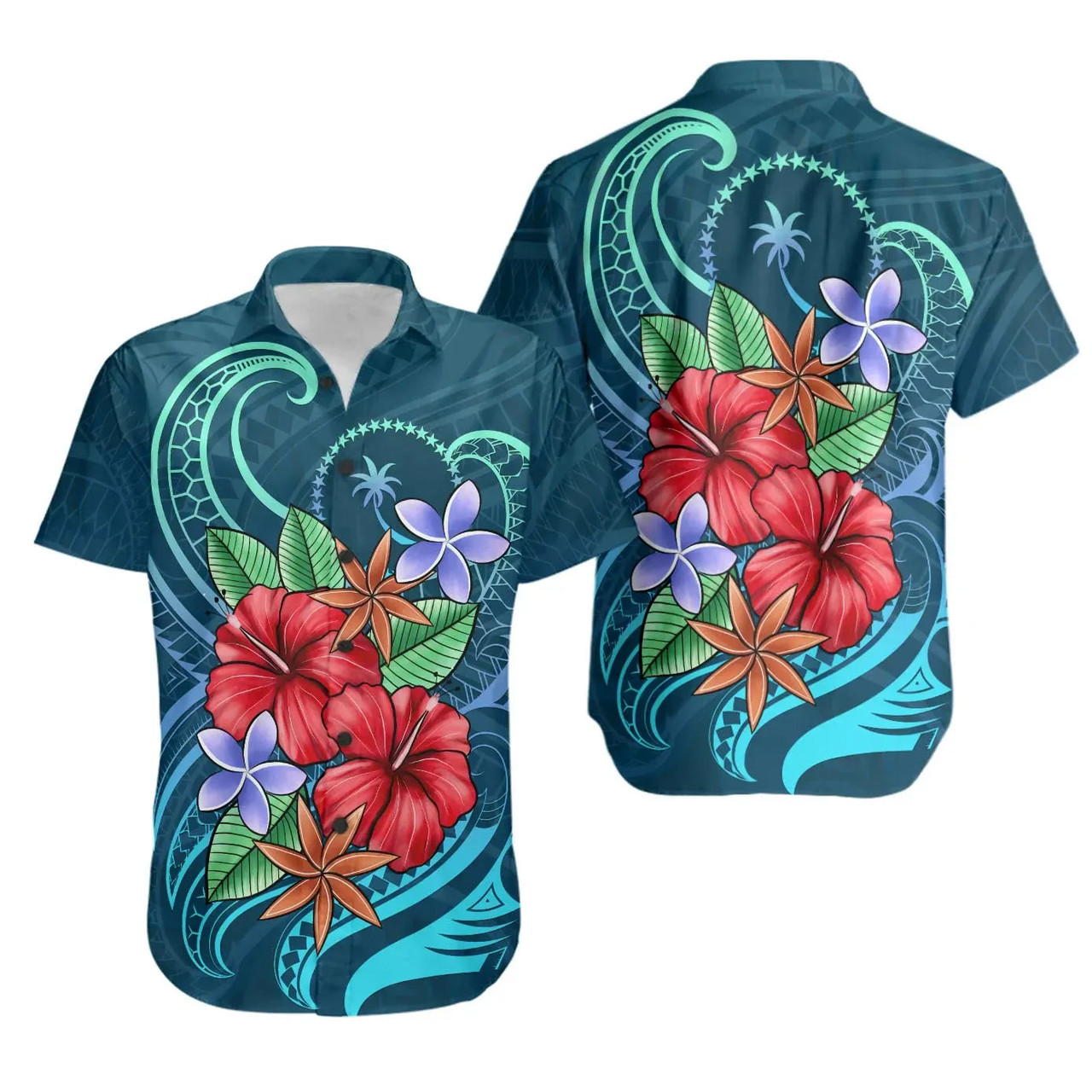 Chuuk Hawaiian Shirts - Blue Pattern With Tropical Flowers 1