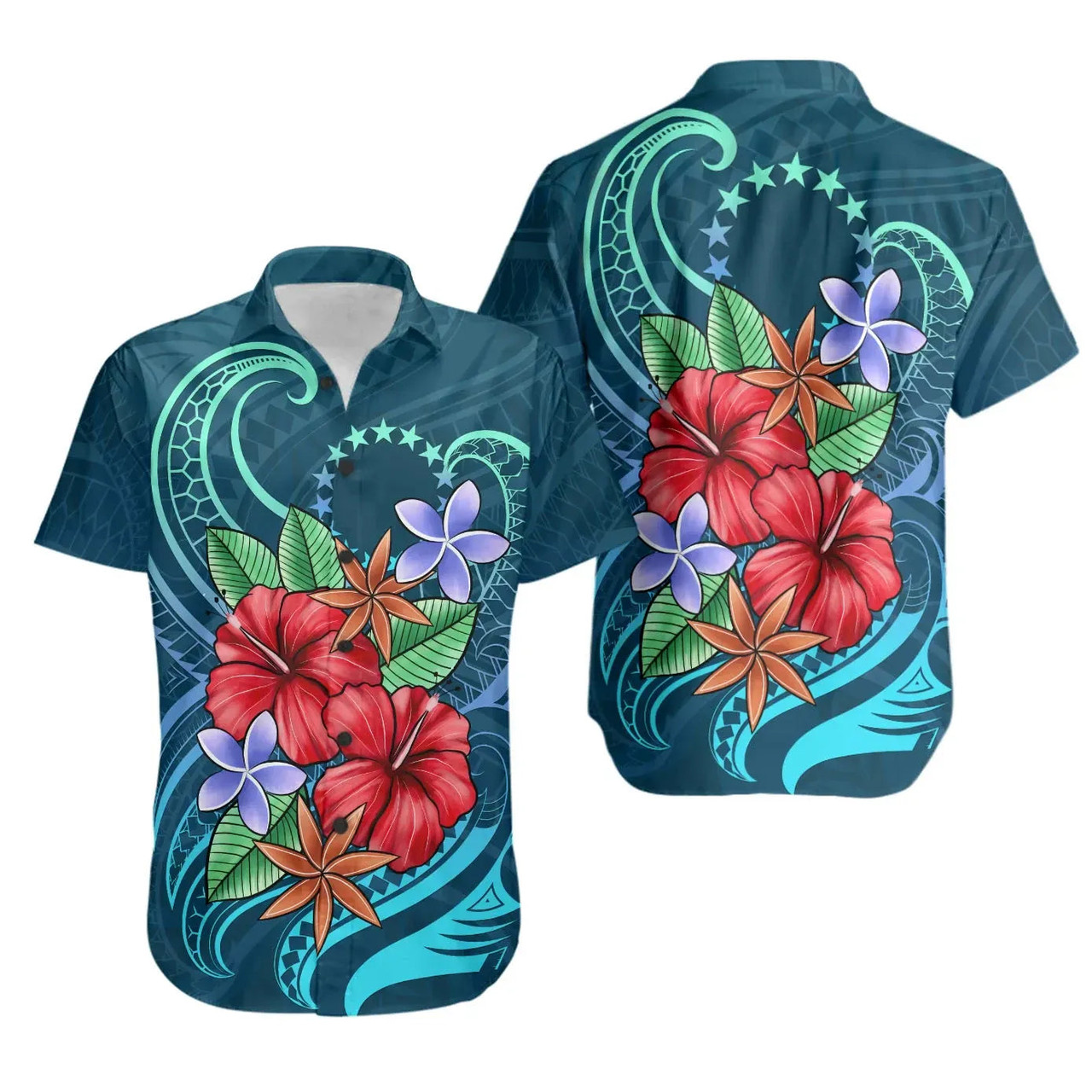 Cook Islands Hawaiian Shirts - Blue Pattern With Tropical Flowers 1
