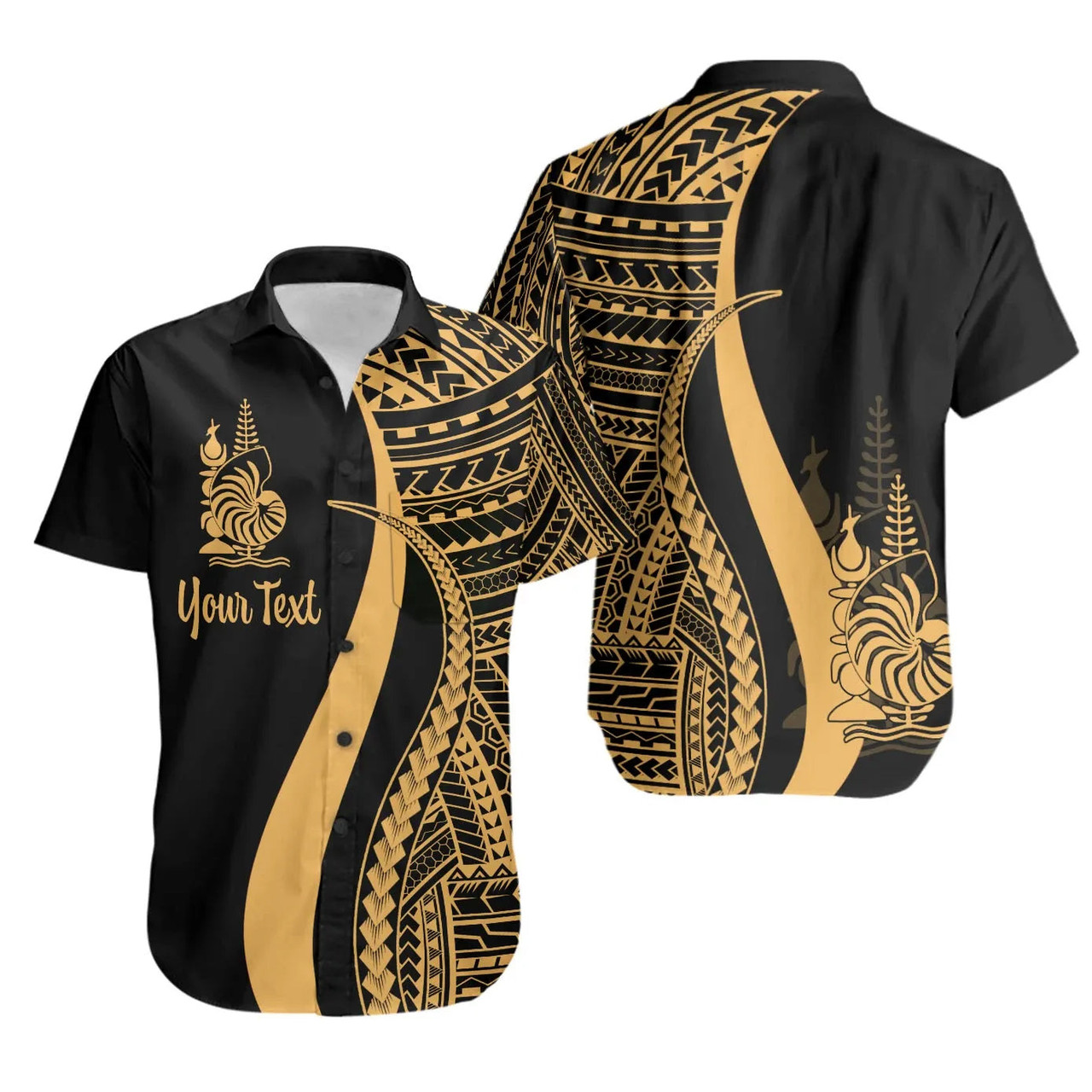 New Caledonia Custom Personalised Hawaiian Shirts - Gold Polynesian Tentacle Tribal Pattern Crest 1