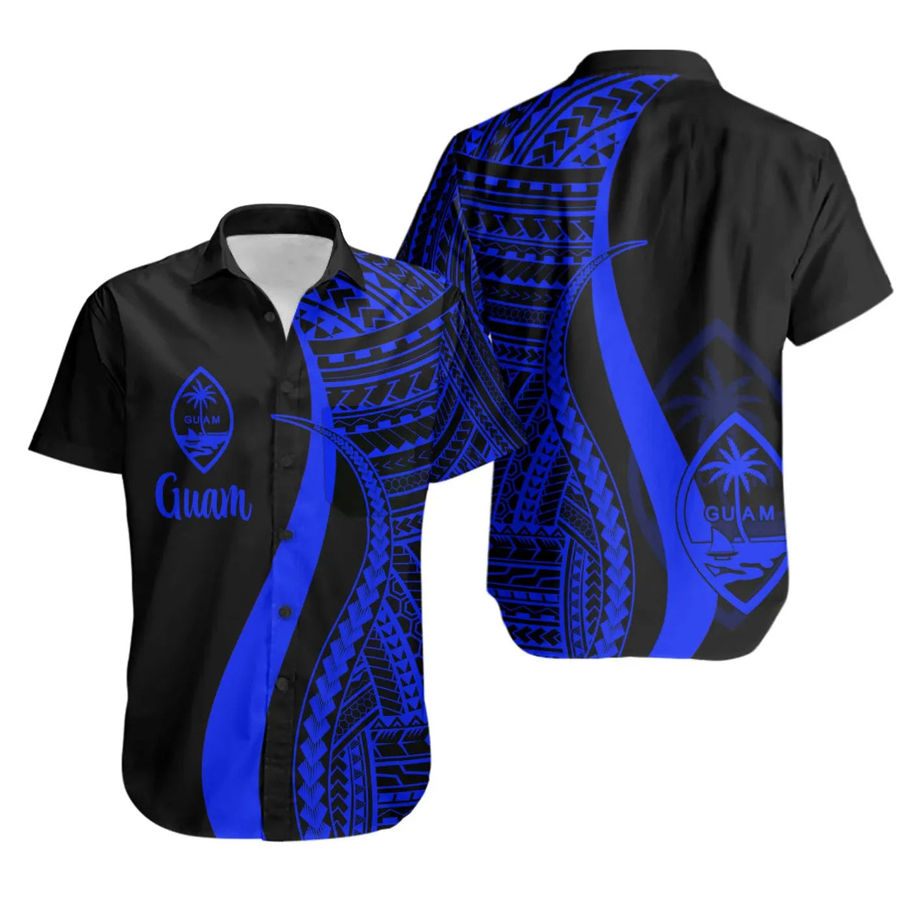 Guam Hawaiian Shirts - Blue Polynesian Tentacle Tribal Pattern 1