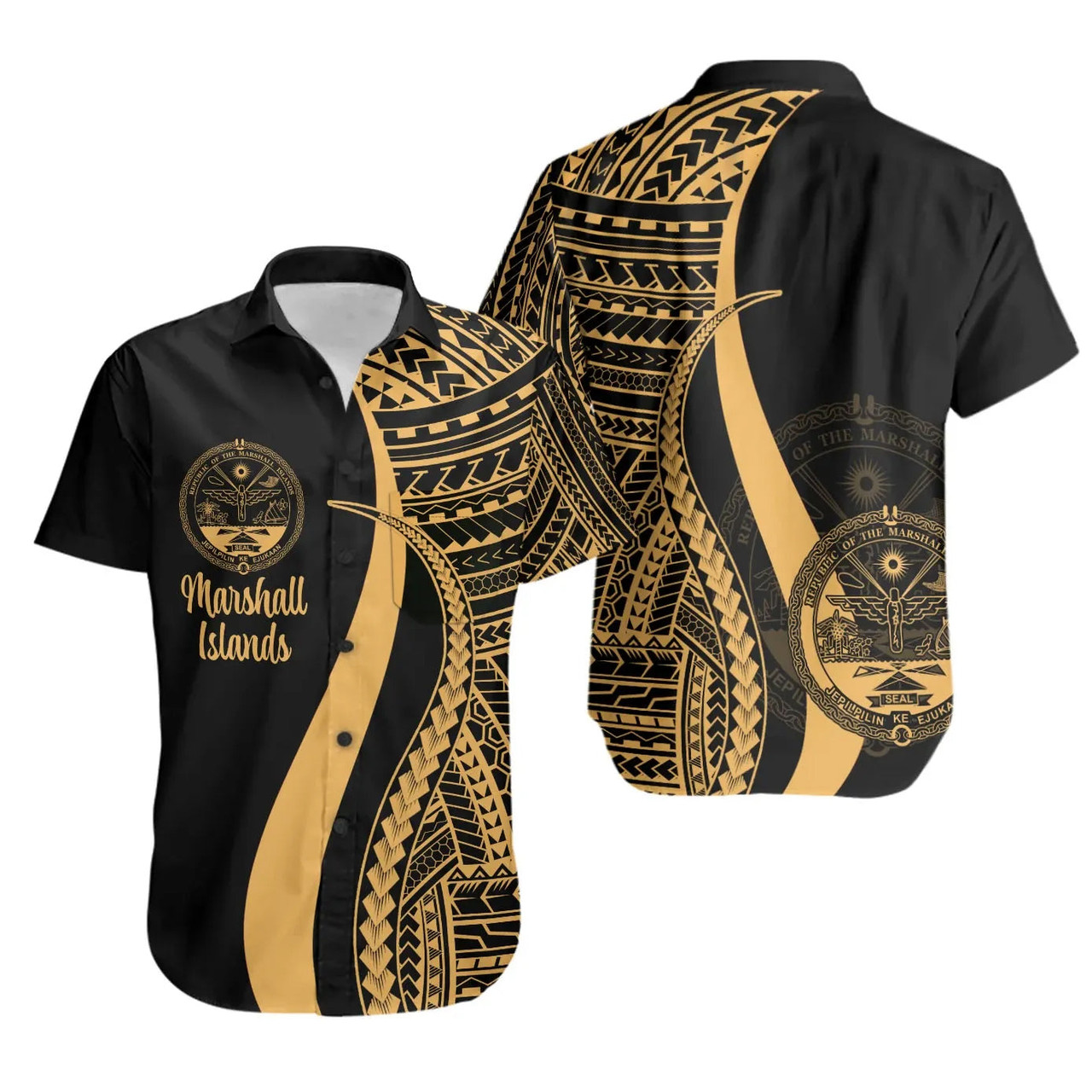 Marshall Islands Hawaiian Shirts - Gold Polynesian Tentacle Tribal Pattern Crest 1