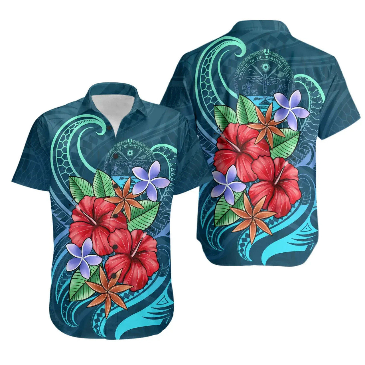 Marshall Islands Hawaiian Shirts - Blue Pattern With Tropical Flowers Crest 1