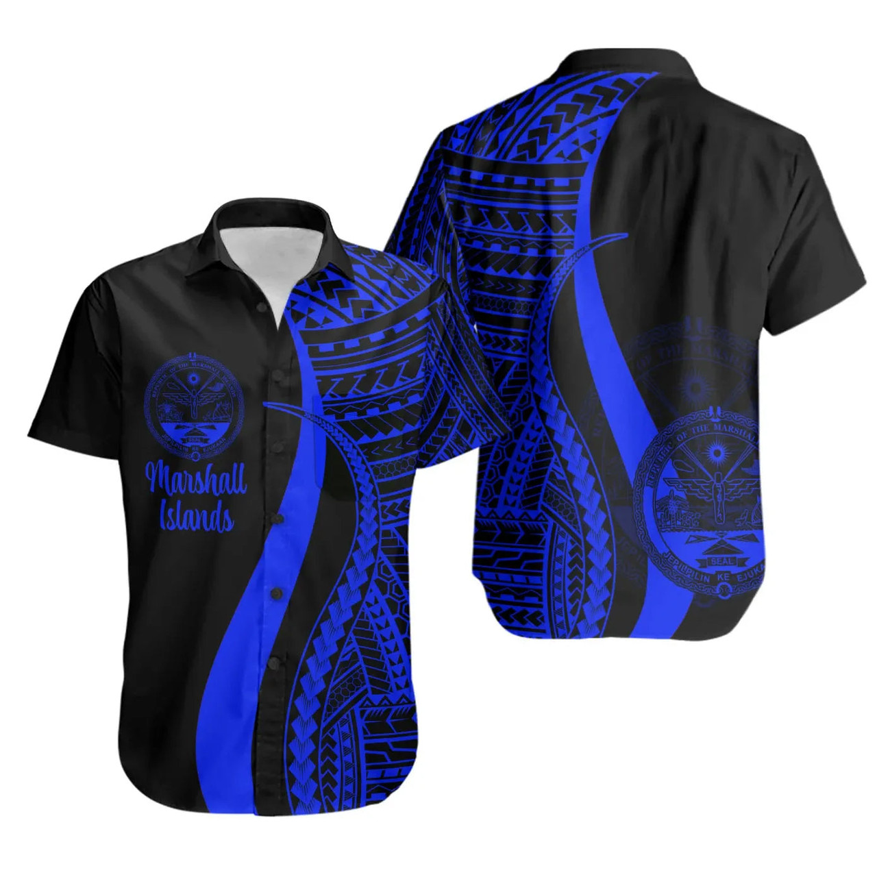 Marshall Islands Hawaiian Shirts - Blue Polynesian Tentacle Tribal Pattern Crest 1
