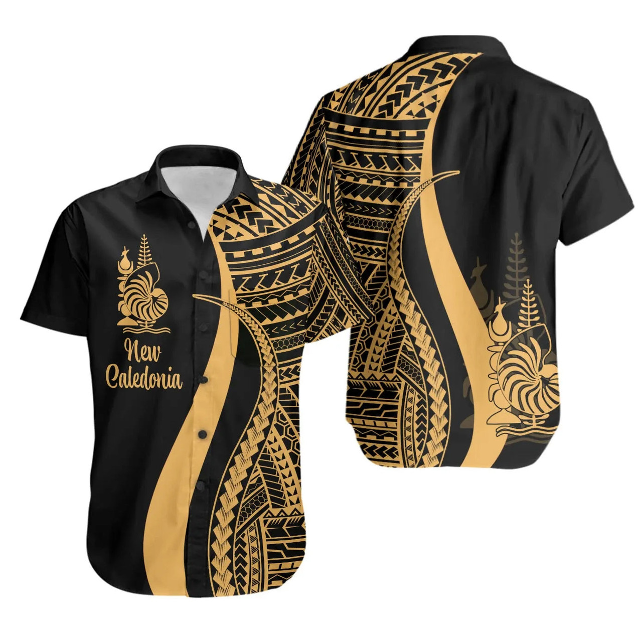 New Caledonia Hawaiian Shirts - Gold Polynesian Tentacle Tribal Pattern Crest 1