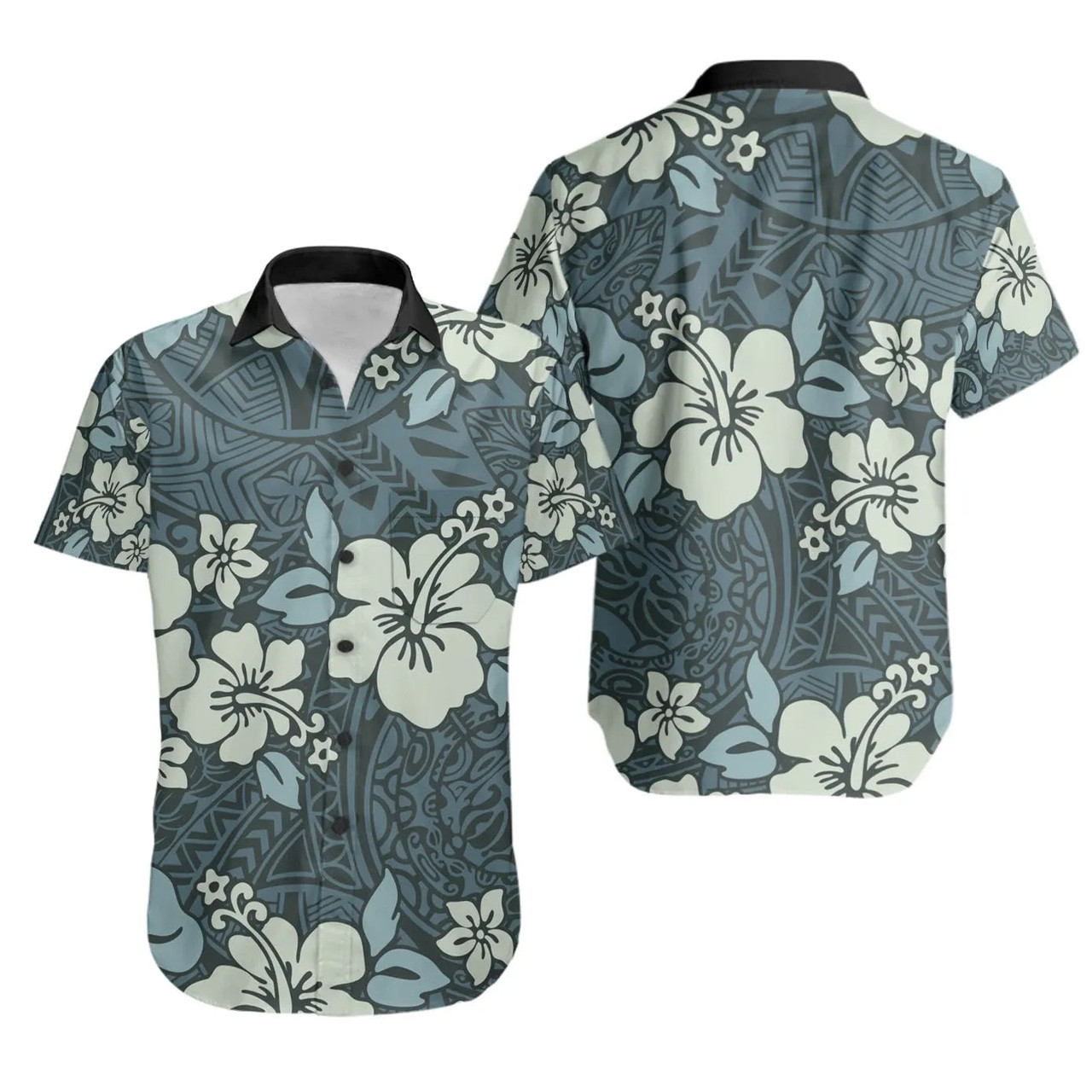 Polynesian Short Sleeve Shirt - Abstract Hibiscus Flowers With Vintage ...
