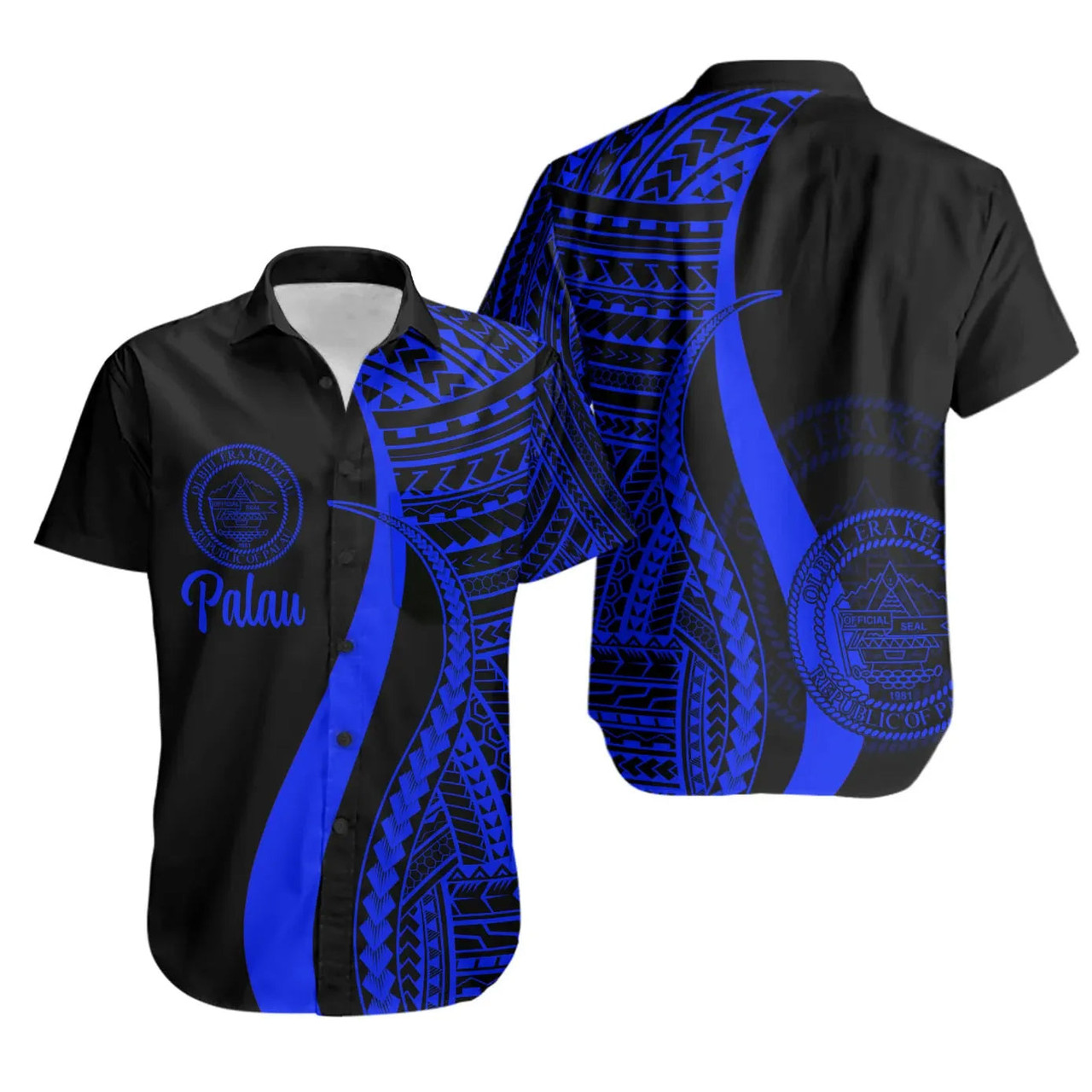 Palau Hawaiian Shirts - Blue Polynesian Tentacle Tribal Pattern Crest 1