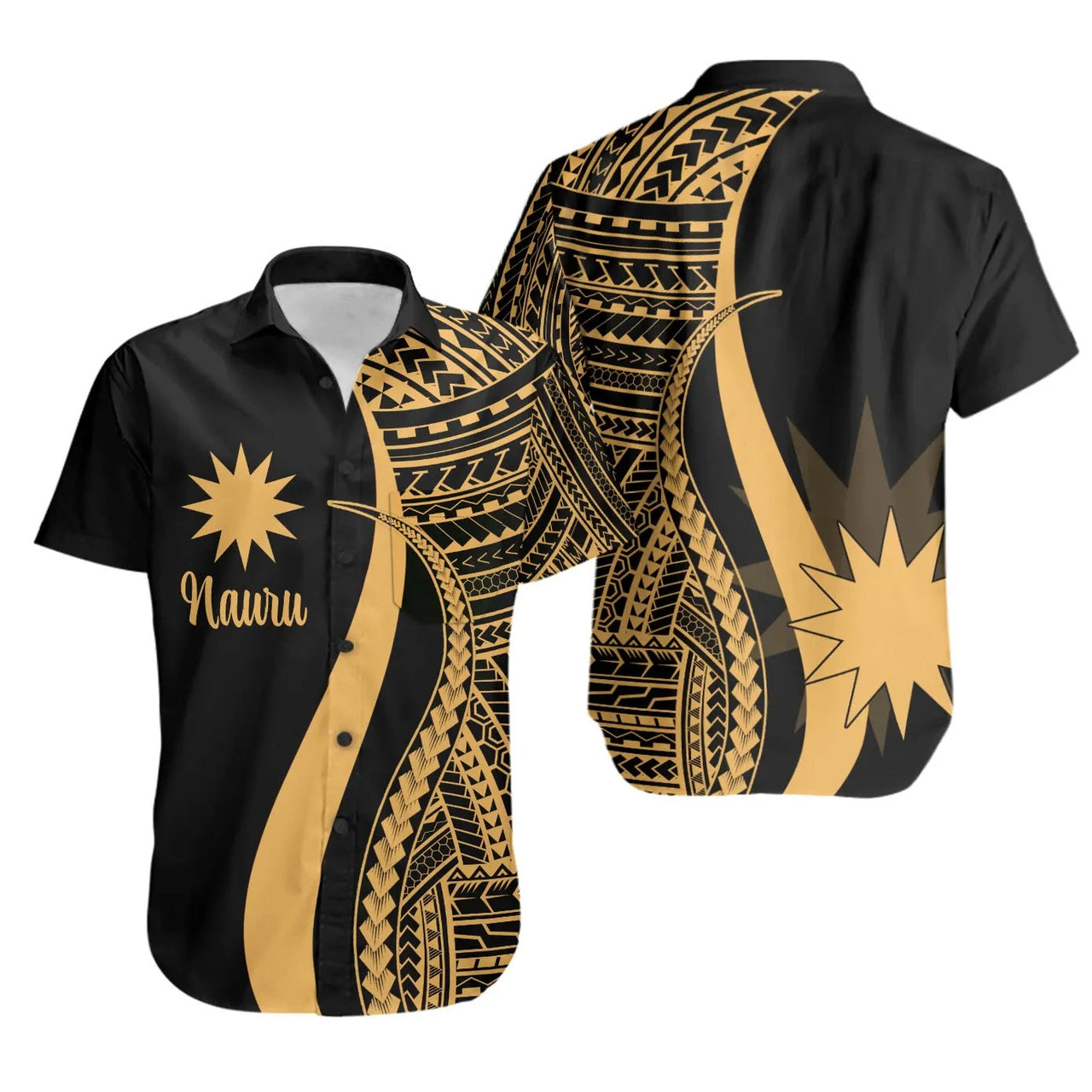 Nauru Hawaiian Shirts - Gold Polynesian Tentacle Tribal Pattern 1