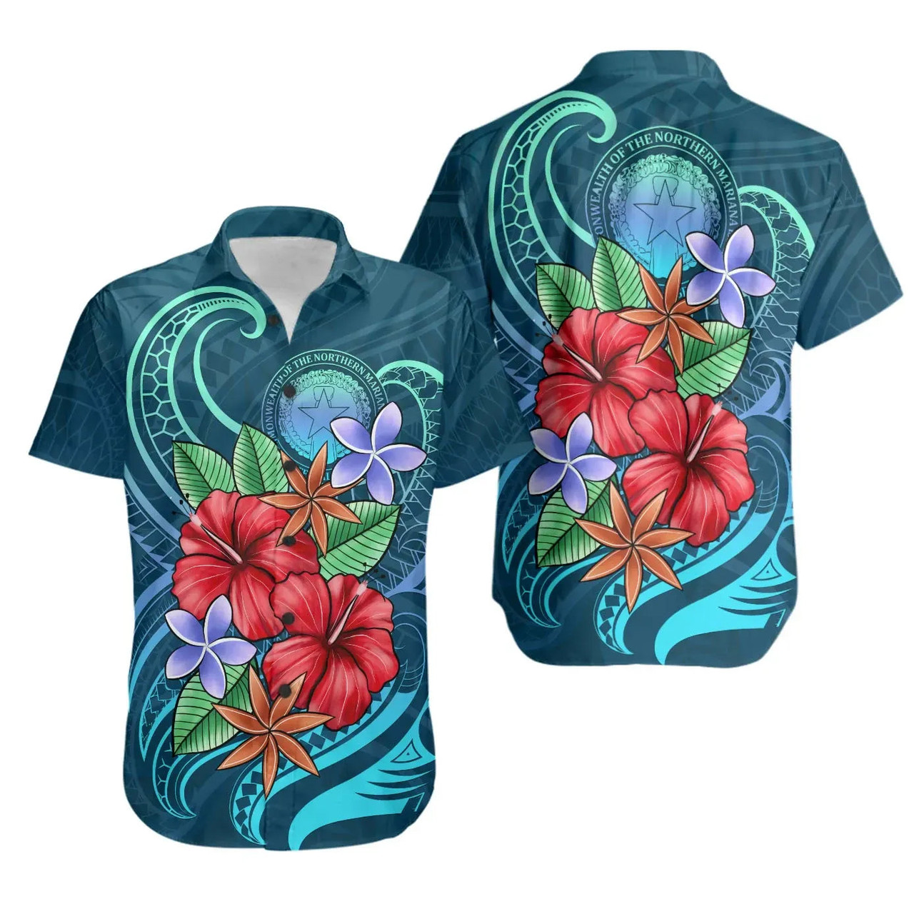 Northern Mariana Islands Hawaiian Shirts - Blue Pattern With Tropical Flowers 1