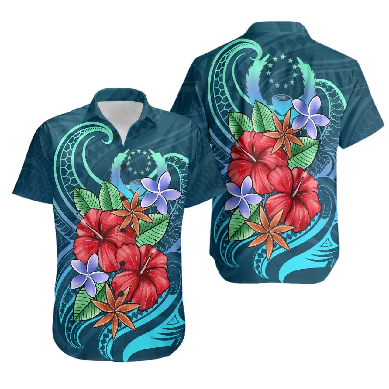 Pohnpei Hawaiian Shirts - Blue Pattern With Tropical Flowers 1