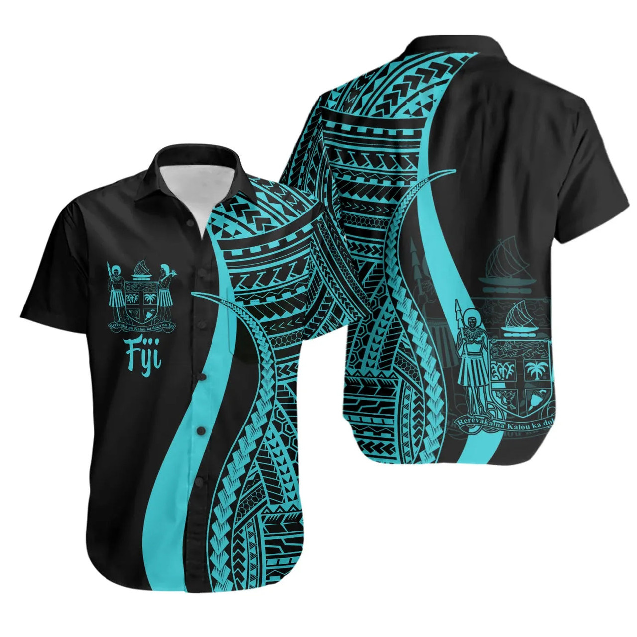 Fiji Hawaiian Shirts - Turquoise Polynesian Tentacle Tribal Pattern Crest 1