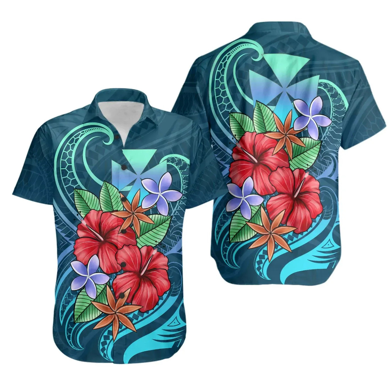 Wallis and Futuna Hawaiian Shirts - Blue Pattern With Tropical Flowers 1