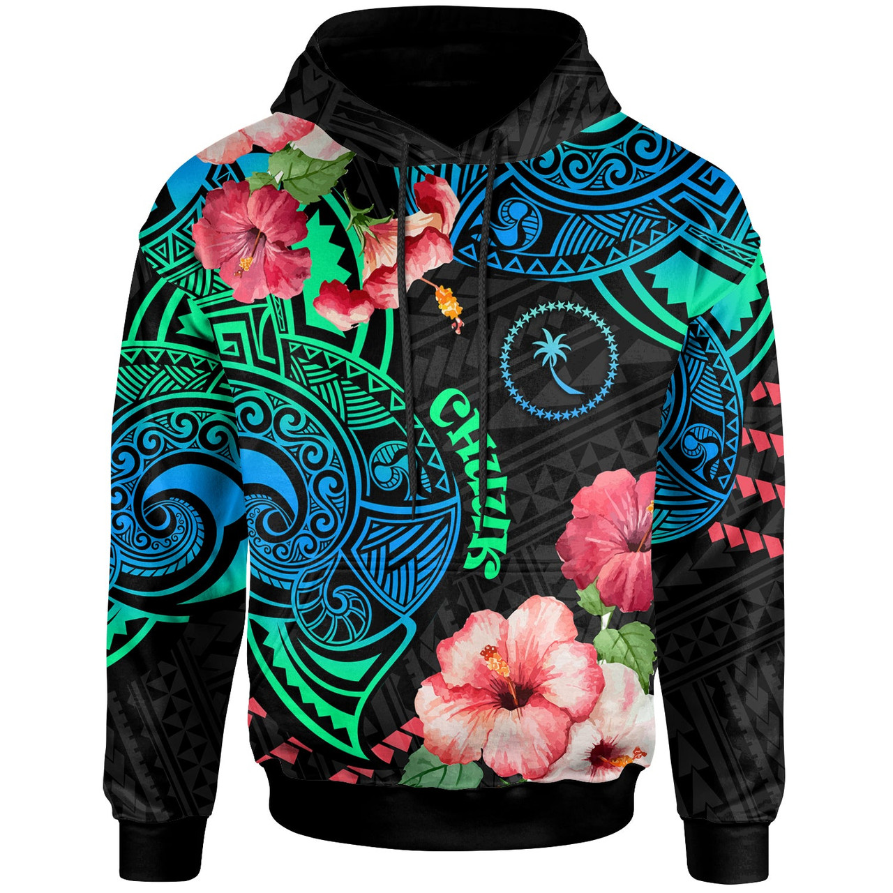 Chuuk Hoodie Polynesian Pattern with Hibicus Flowers