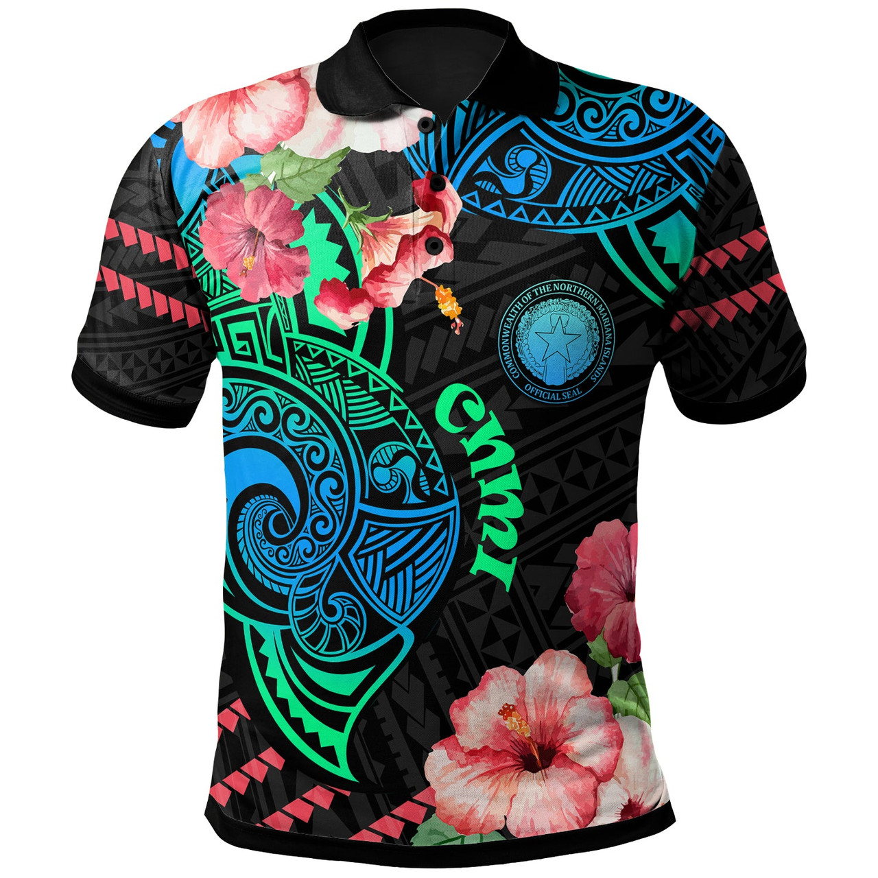 Northern Mariana Islands Polo Shirt - Polynesian Pride with Hibicus Flower Tribal Pattern