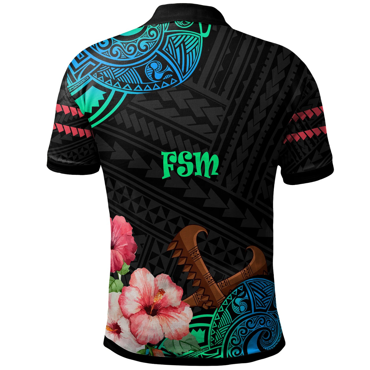 Federated States of Micronesia FSM Polo Shirt - Polynesian Pride with Hibicus Flower Tribal Pattern