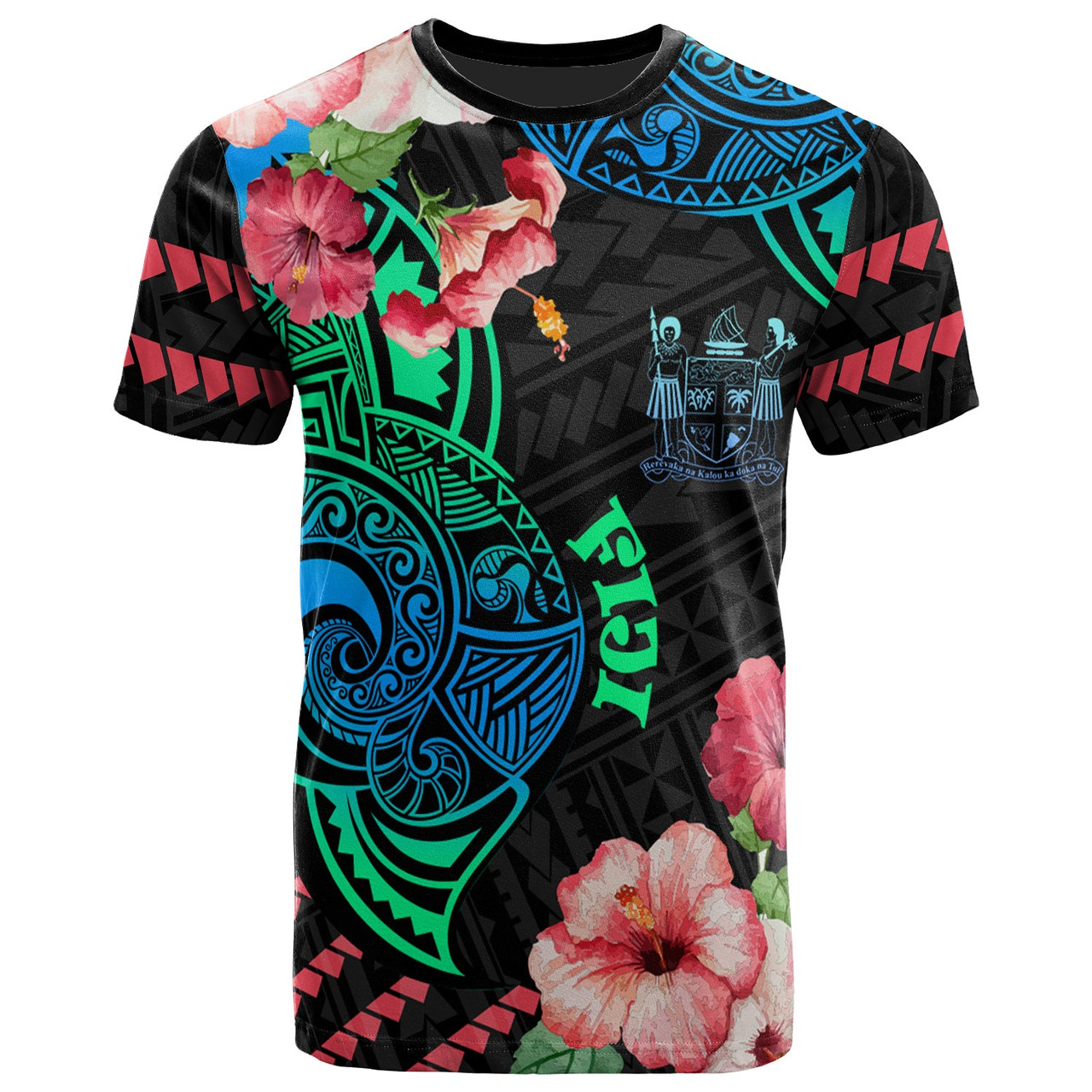 Fiji T-Shirt - Polynesian Pride with Hibicus Flower Tribal Pattern