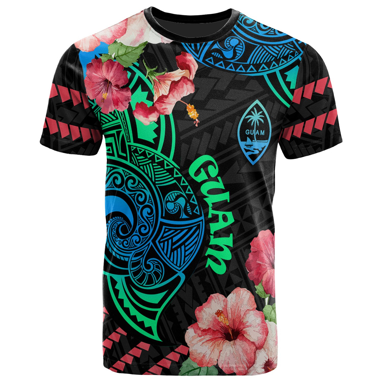 Guam T-Shirt - Polynesian Pride with Hibicus Flower Tribal Pattern