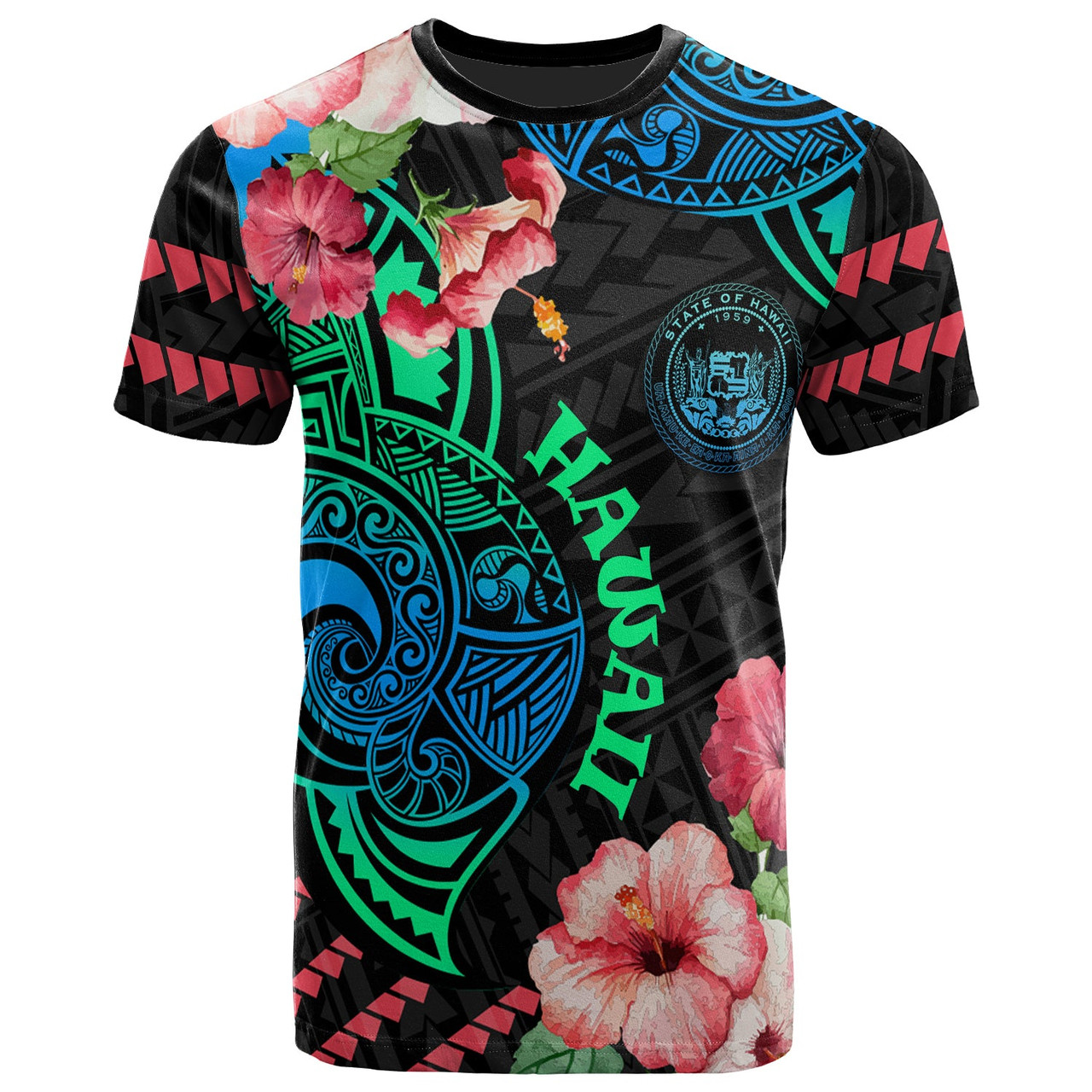 Hawaii T-Shirt - Polynesian Pride with Hibicus Flower Tribal Pattern