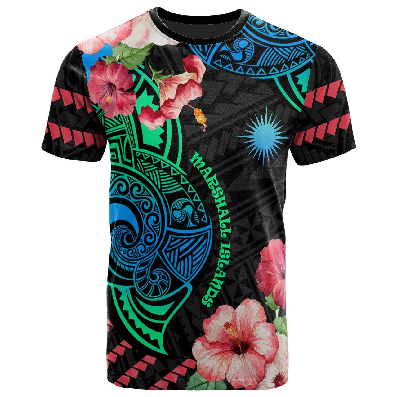 Marshall Islands T-Shirt - Polynesian Pride with Hibicus Flower Tribal Pattern