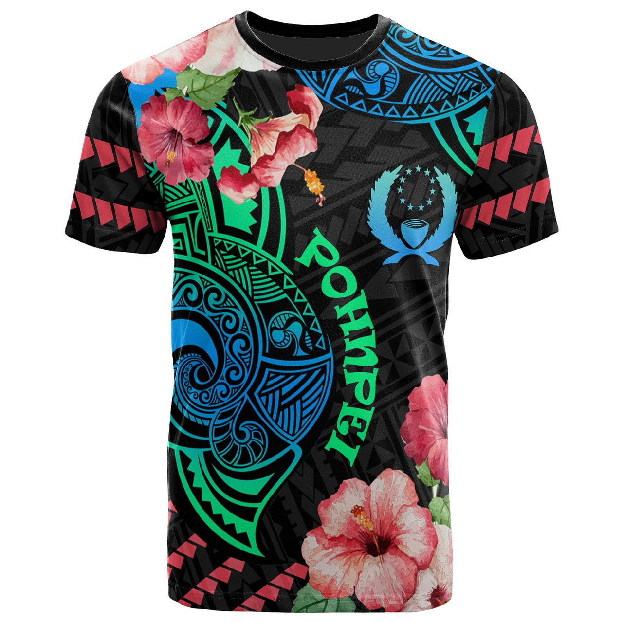 Pohnpei T-Shirt - Polynesian Pride with Hibicus Flower Tribal Pattern