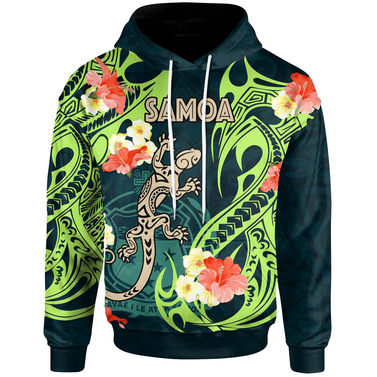 Samoa Hoodie - Polynesian Pattern with Lizard and Hibicus Tribal Flower