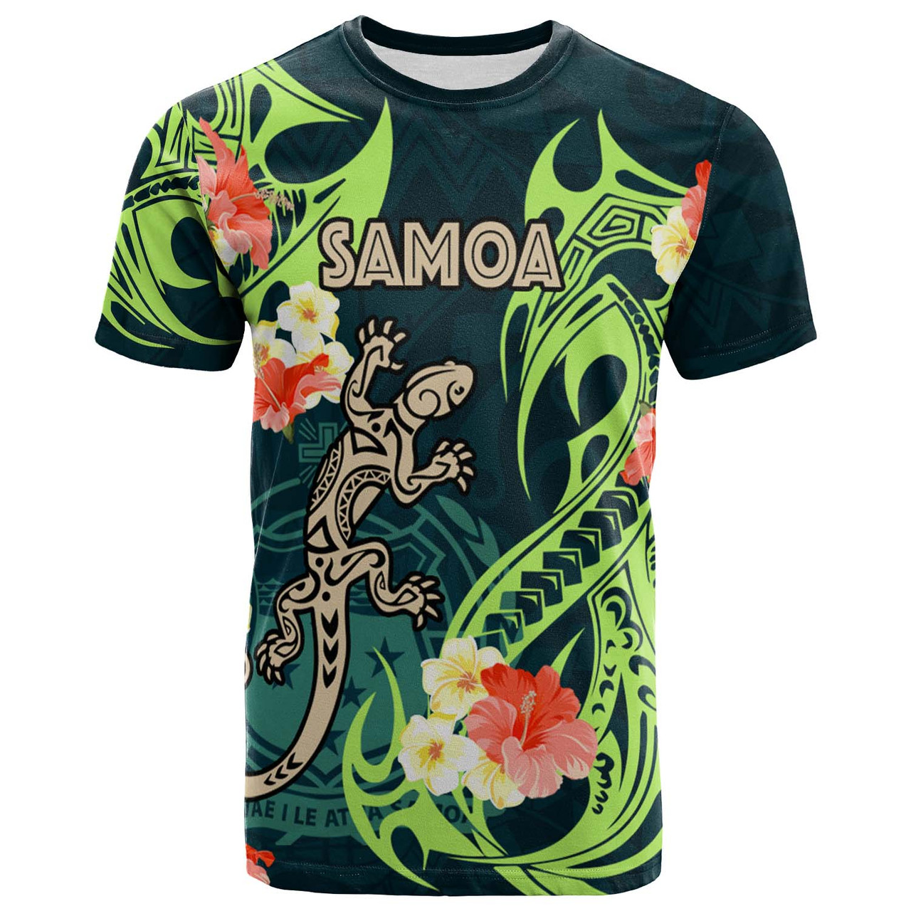 Samoa T-shirt - Polynesian Pattern with Lizard and Hibicus Tribal Flower