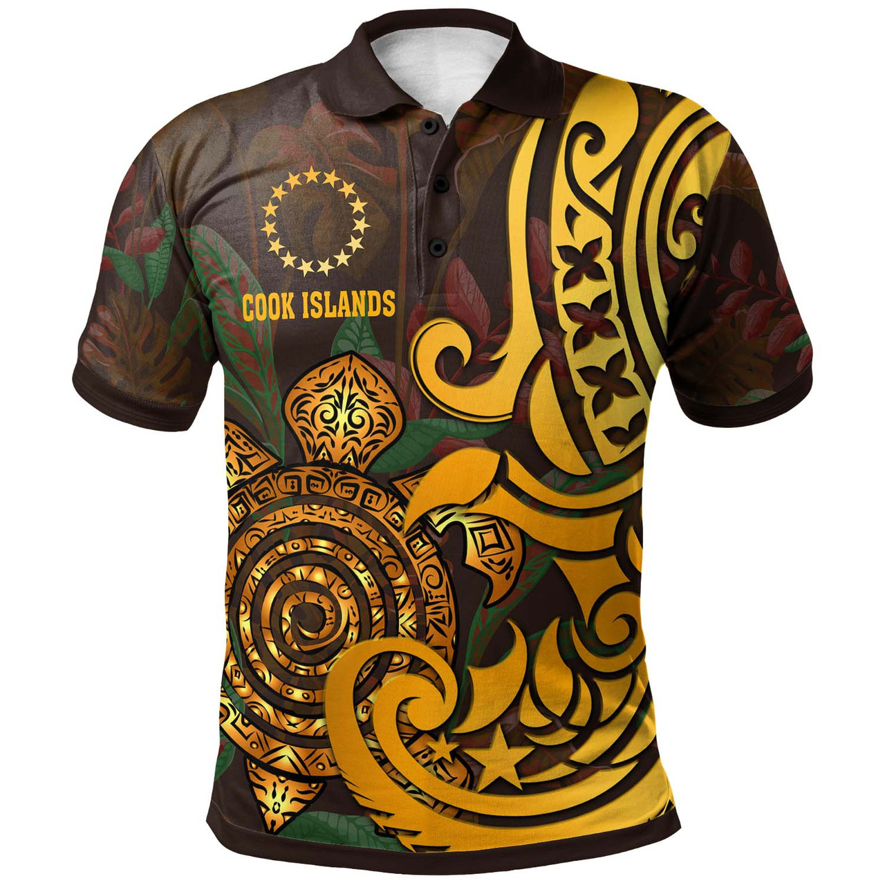 Cook Islands Polo Shirt - Turtle Gold and Polynesian Pattern Tribal Art