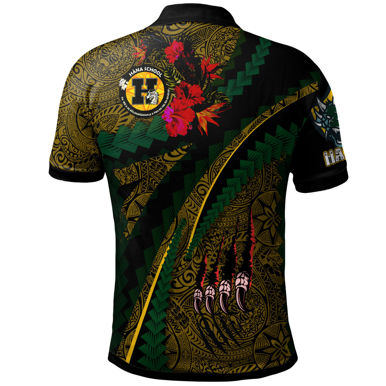 Hawaii Hana High and Elementary School Custom Polynesian Polo Shirt - Hana Dragons With Tropical Flowers Tribal Pattern Scratch Style