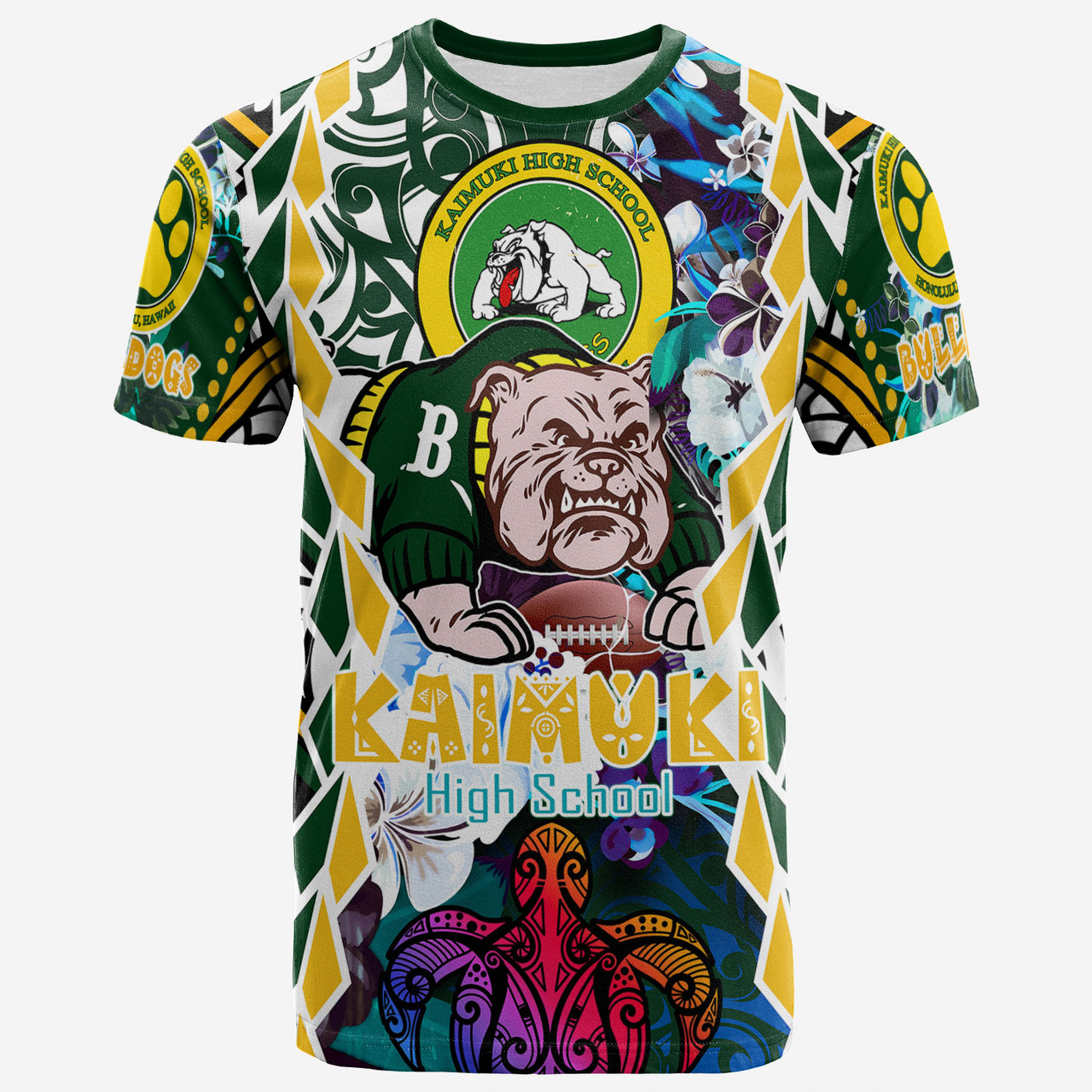 Hawaii Custom Personalised T-shirt - Kaimuki High School Bulldogs With Hawaiian Sea Turtle And Tribal Patterns