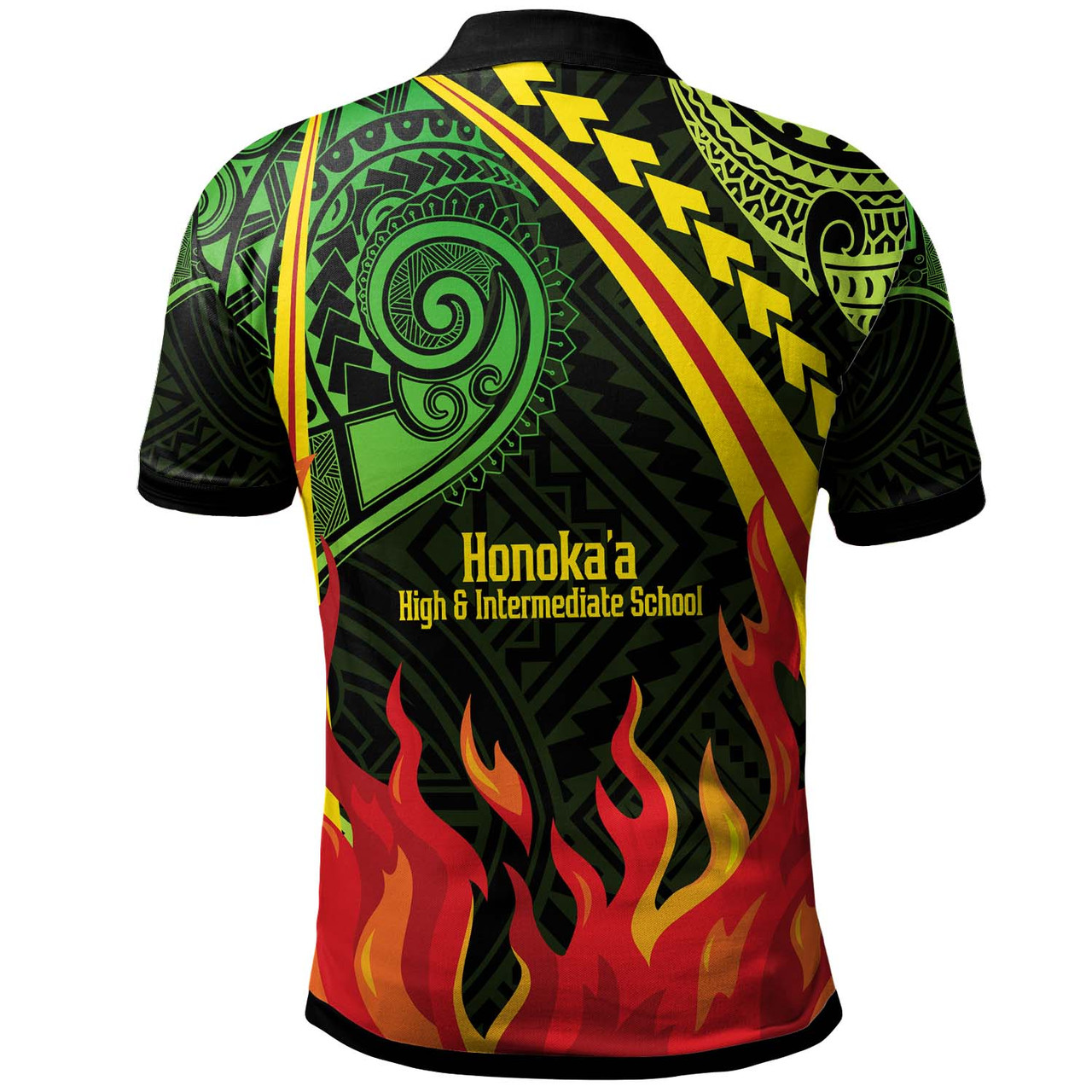 Hawaii Custom Polo Shirt - HonokaÊ»a High & Intermediate School Polynesian Pattern Fire