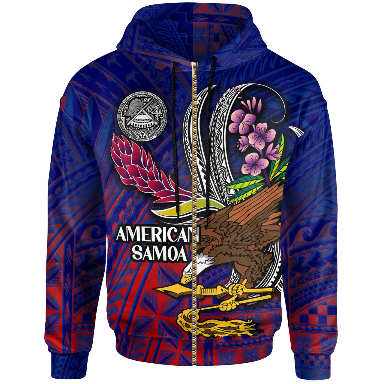 American Samoa Hoodie - Custom Seal With National Flowers Polynesian Patterns