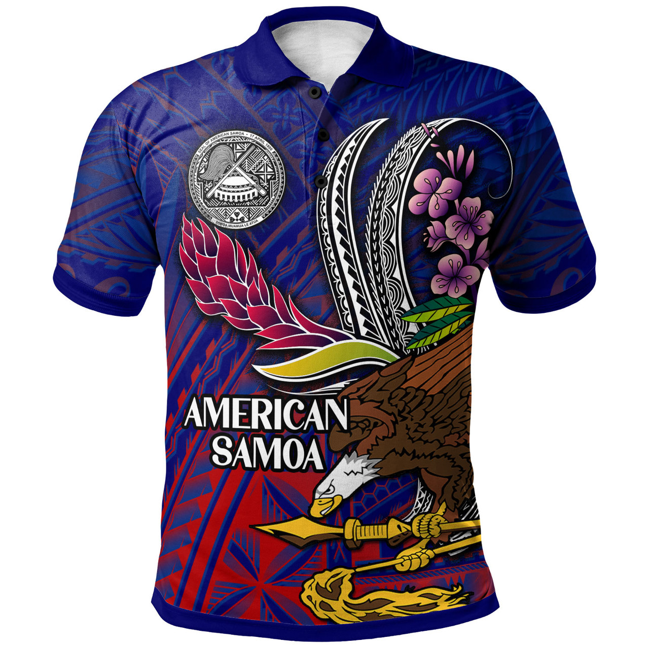 American Samoa Polo Shirt - Custom Seal With National Flowers Polynesian Patterns