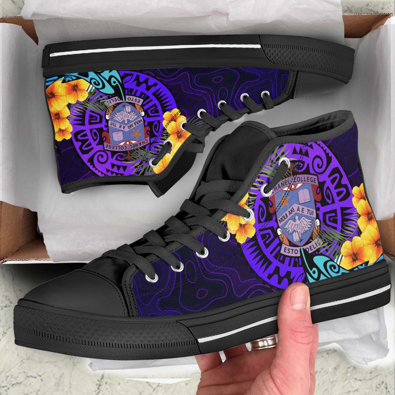 Tonga High Top Shoes - Chanel College with Polynesian Pattern Style and Flower