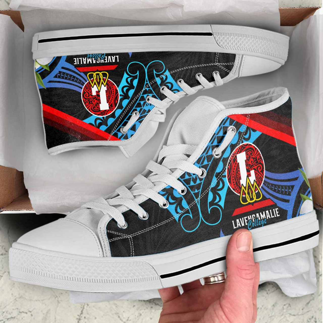 Tonga High Top Shoes - Lavengamalie College with Polynesian Patterns and Plumeria Flower