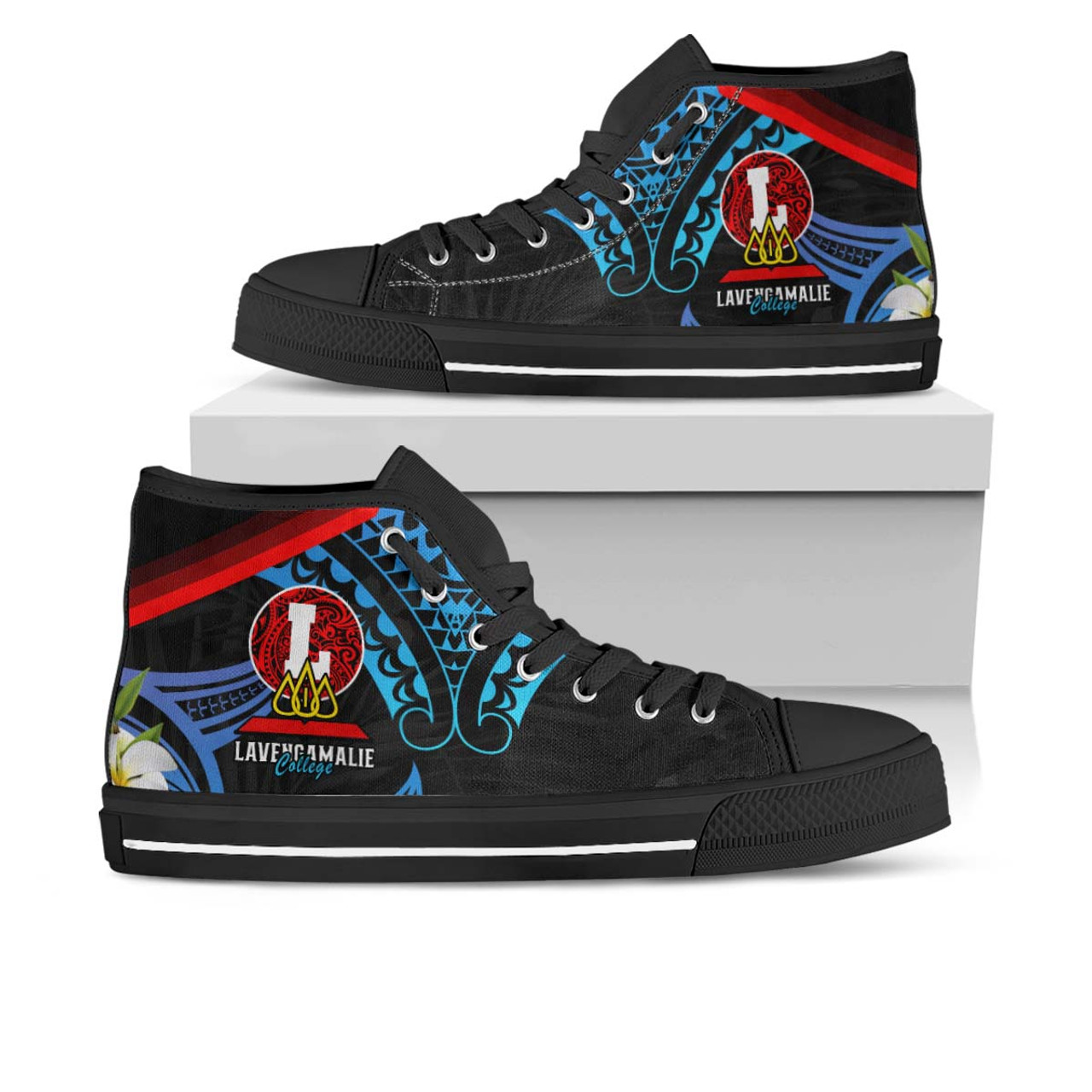 Tonga High Top Shoes - Lavengamalie College with Polynesian Patterns and Plumeria Flower