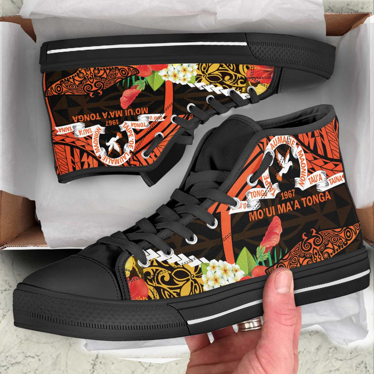 Tonga High Top Shoes - Tailulu College Polynesian with Flower and Tonga Pattern