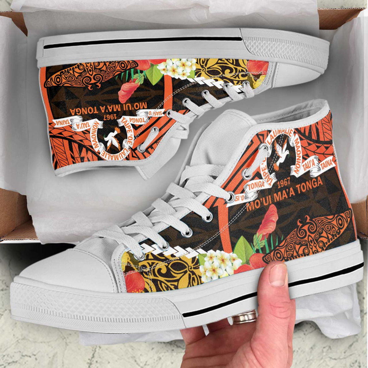 Tonga High Top Shoes - Tailulu College Polynesian with Flower and Tonga Pattern