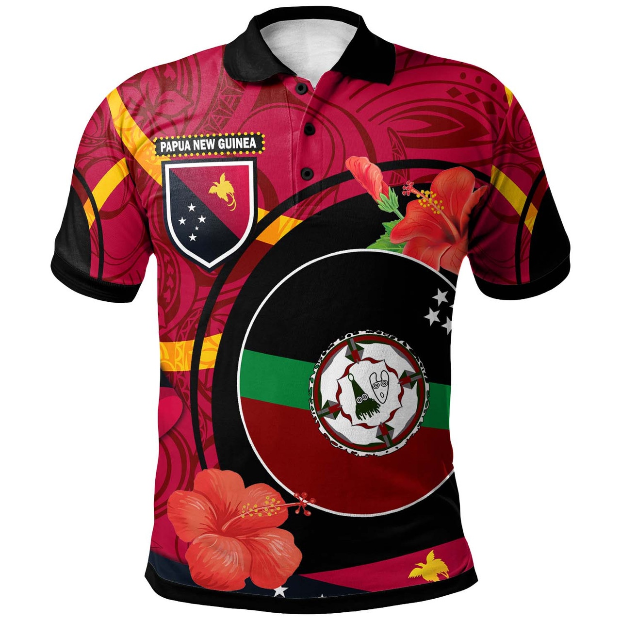 Papua New Guinea Polo Shirt - East New Britain Flag of PNG with Hibicus and Polynesian Culture Polo Shirt