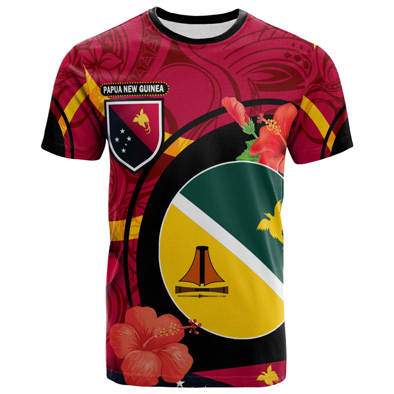 Papua New Guinea T-Shirt - Jiwaka Flag of PNG with Hibicus and Polynesian Culture T-Shirt