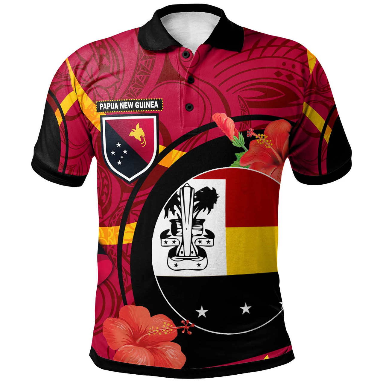 Papua New Guinea Polo Shirt - Madang Flag of PNG with Hibicus and Polynesian Culture Polo Shirt
