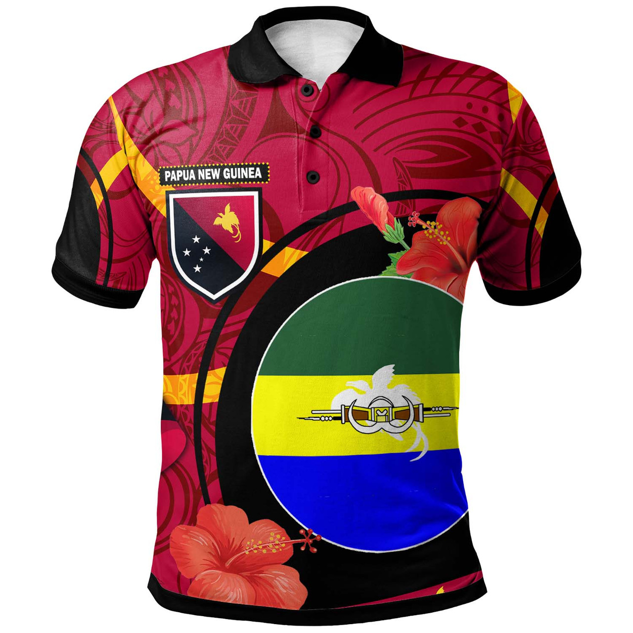 Papua New Guinea Polo Shirt - Morobe Flag of PNG with Hibicus and Polynesian Culture Polo Shirt