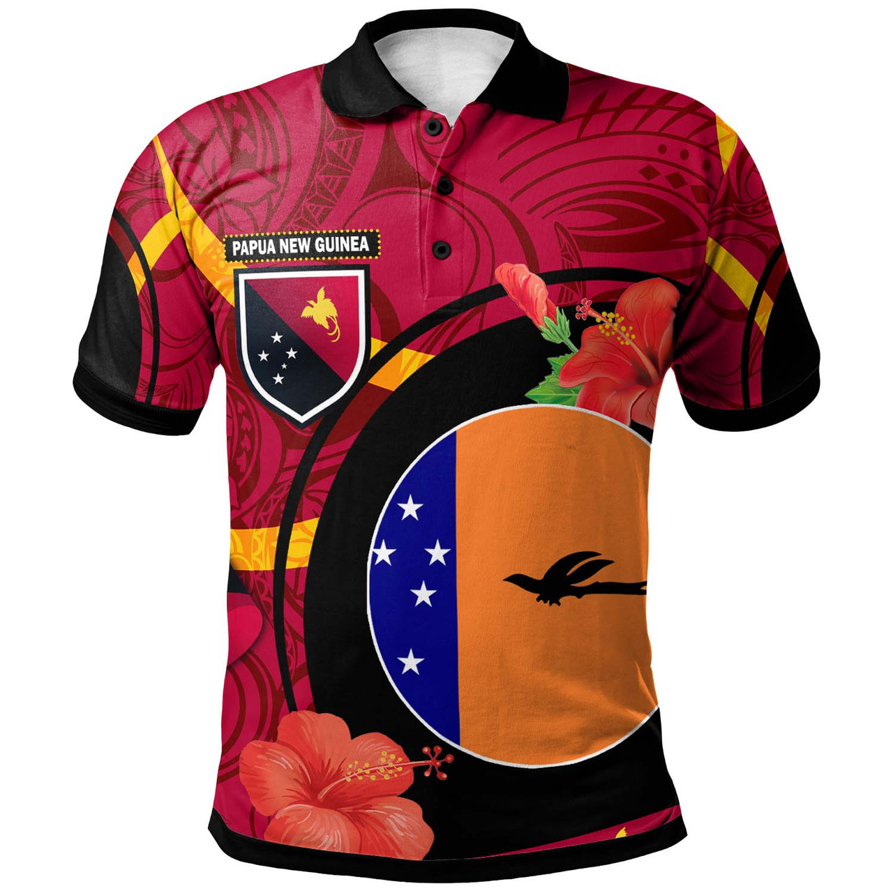 Papua New Guinea Polo Shirt -New Ireland Flag of PNG with Hibicus and Polynesian Culture Polo Shirt