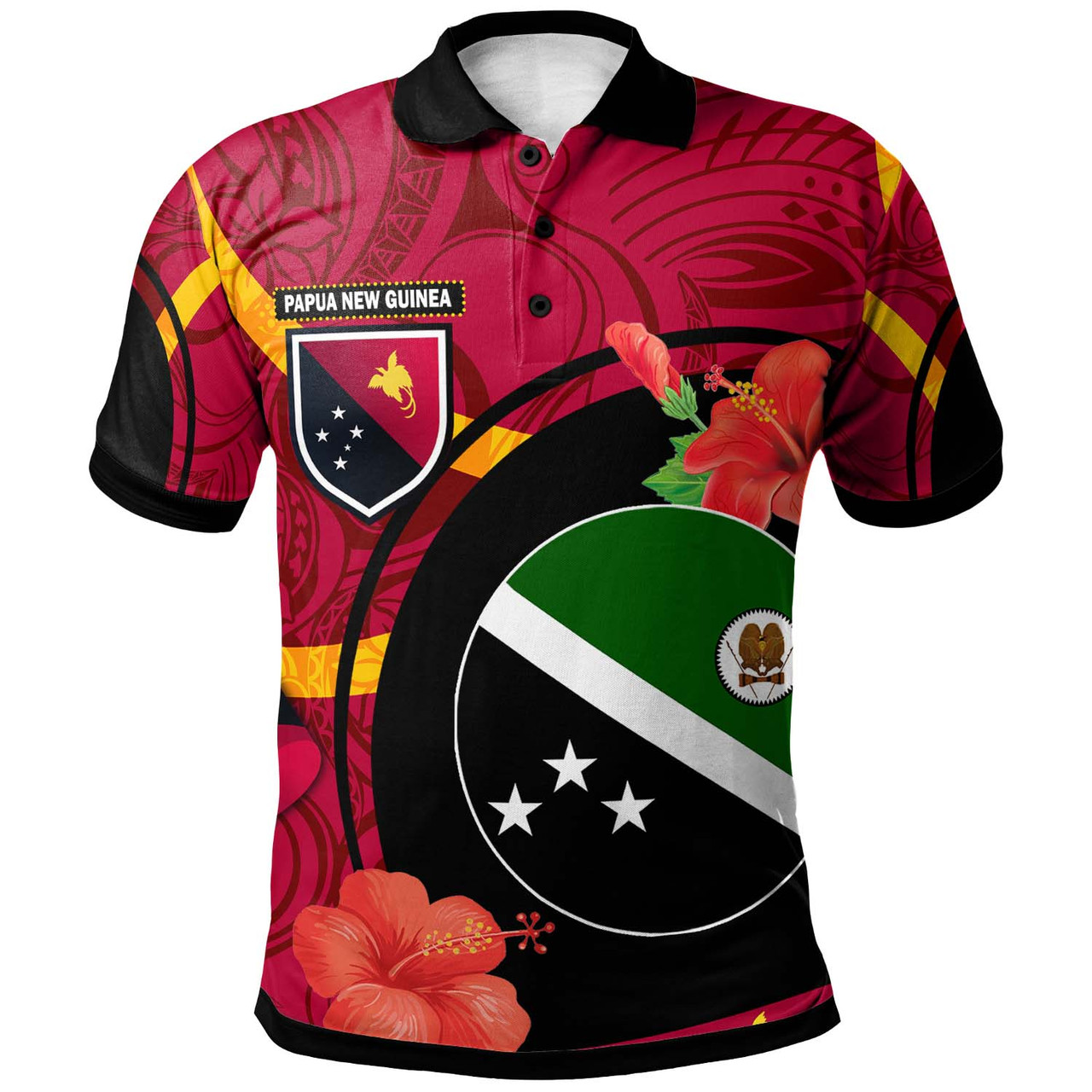 Papua New Guinea Polo Shirt - Western Highlands Flag of PNG with Hibicus and Polynesian Culture Polo Shirt