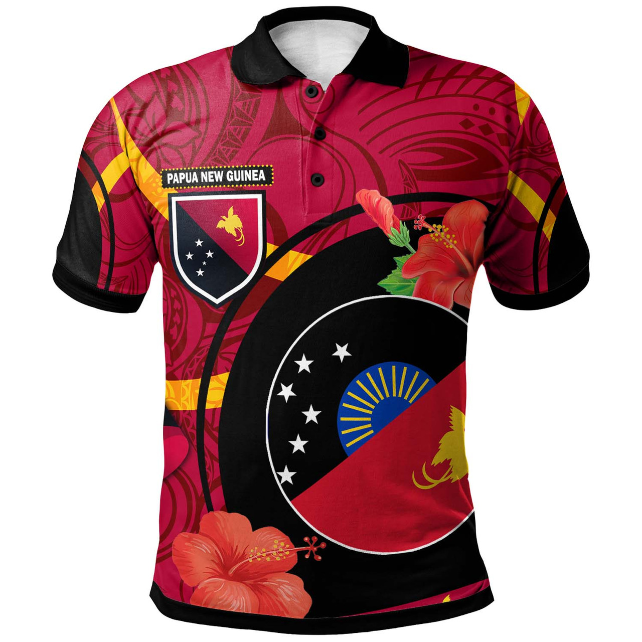 Papua New Guinea Polo Shirt - Sandaun Flag of PNG with Hibicus and Polynesian Culture Polo Shirt