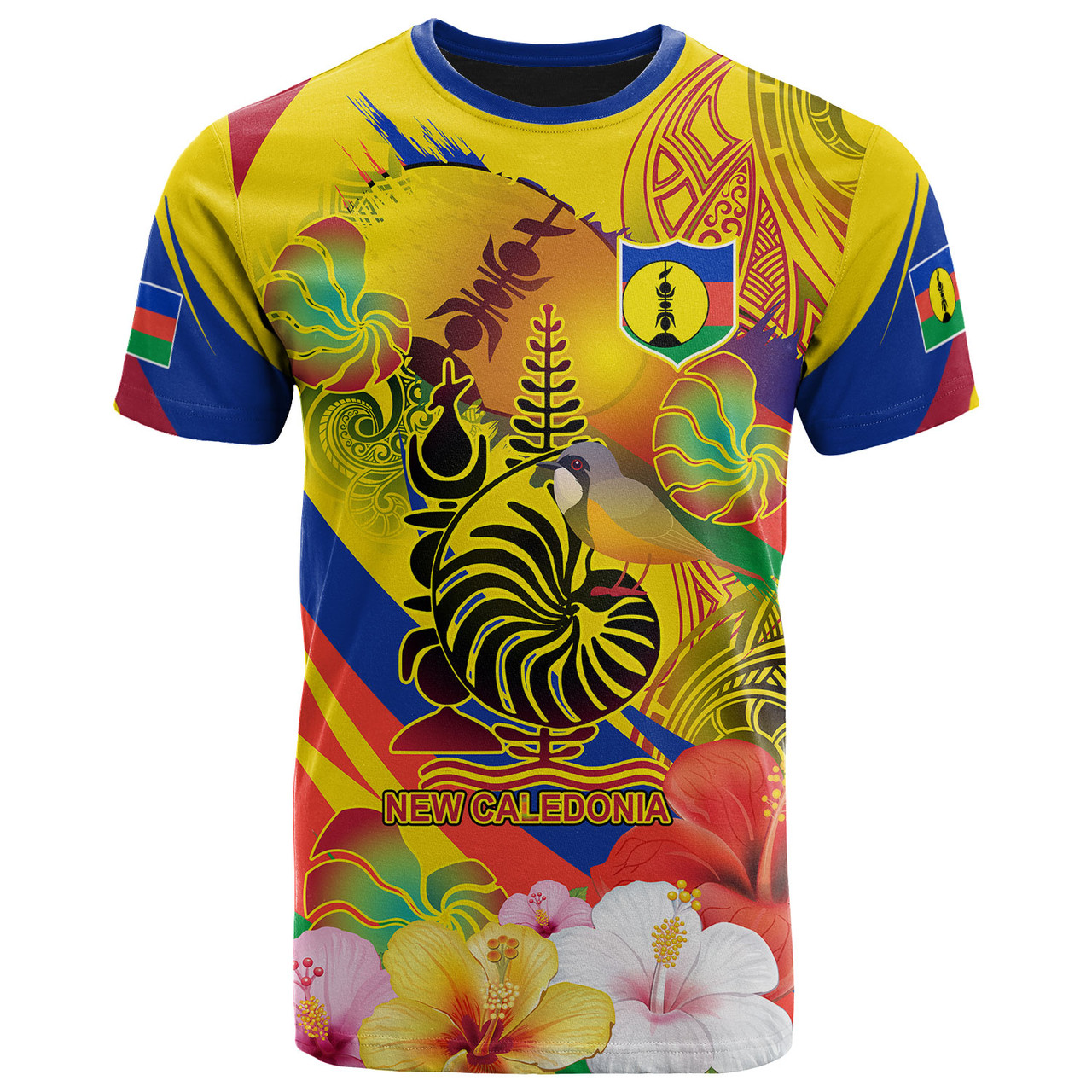 New Caledonia T-shirt - Custom Emblem of New Caledonia with Rufous whistler And Hibiscus Polynesian T-shirt