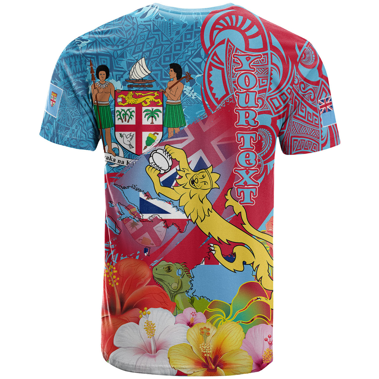 Fiji Polynesian T-shirt - Custom Fiji Lion With Tapa Patterns And Polynesian Hibiscus T-shirt