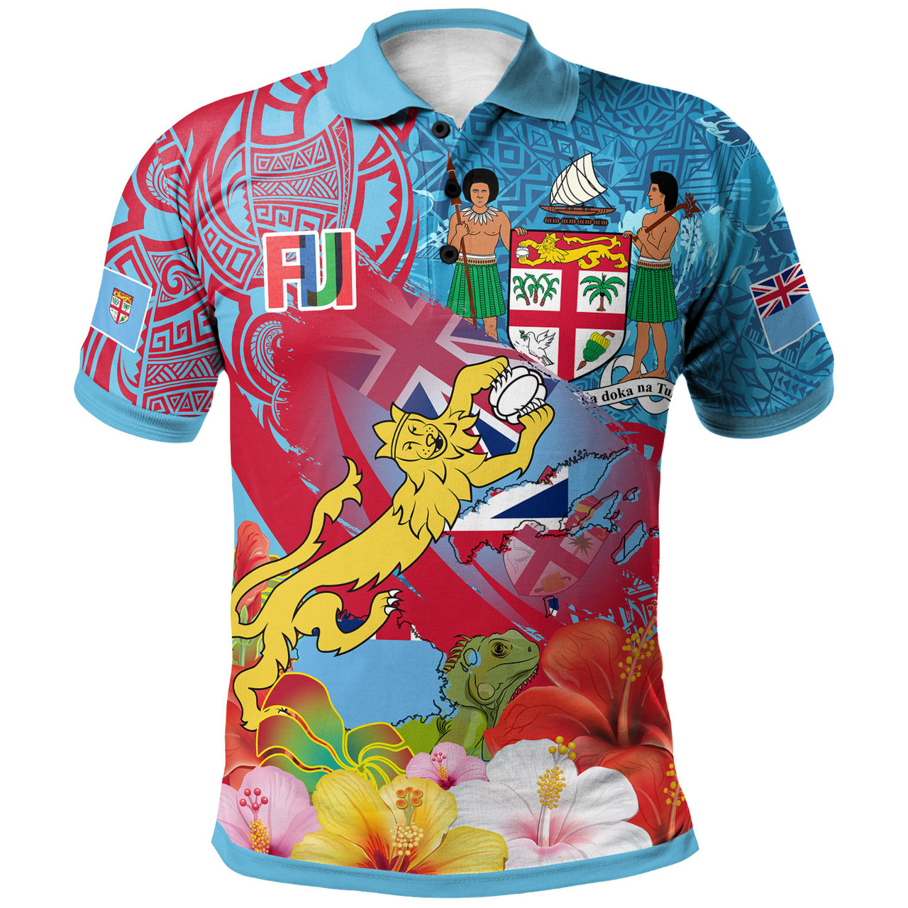 Fiji Polynesian Polo Shirt - Custom Fiji Lion With Tapa Patterns And Polynesian Hibiscus Polo Shirt