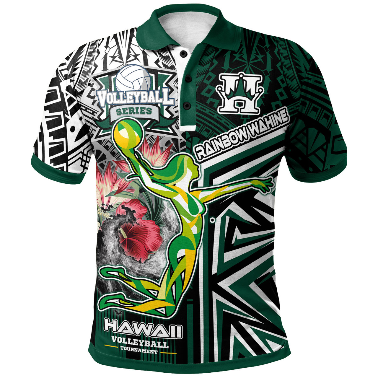 Hawaii Custom Polo Shirt - Hawaii Rainbow Wahine Volleyball With Beautiful Hibiscus Polynesian Style Polo Shirt