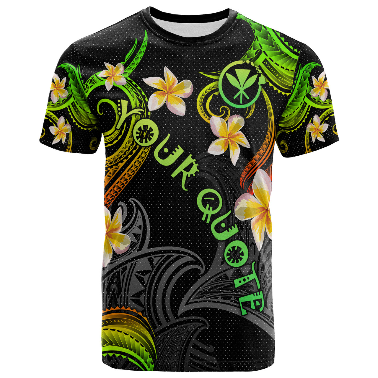 Personalized Kanaka Maoli T-shirt - Hawaii Polynesian Waves with Plumeria Flowers (Reggae)